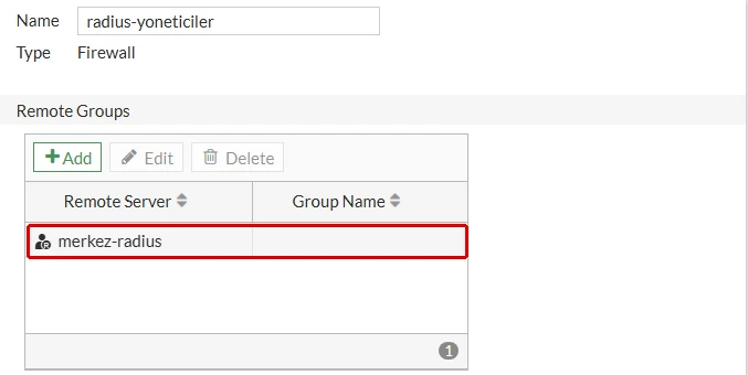 FortiGate Edit User Group formu, radius-yoneticiler: Remote Groups tablosunda merkez-radius satırının Group Name sütunu boş, satır kırmızı çerçeveyle işaretli