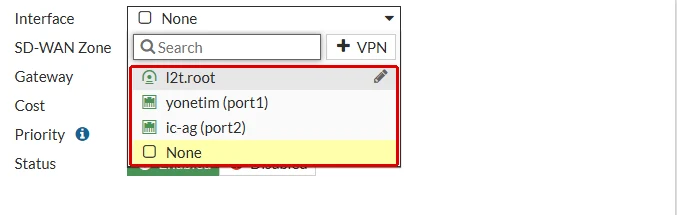 FortiGate Edit SD-WAN Member formu, Interface listesi açık ve kırmızı çerçeveyle işaretli: l2t.root, yonetim (port1), ic-ag (port2) ve None; dis-ag (port3) ve yedek-hat listede yok