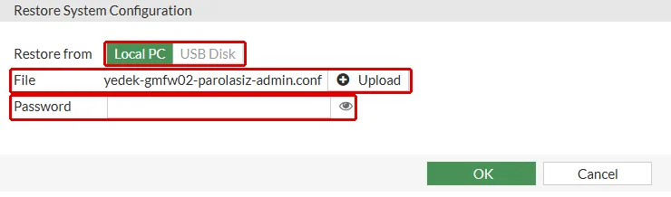 FortiGate Restore System Configuration formu: Restore from Local PC, File satırında yedek-gmfw02-parolasiz-admin.conf ve boş Password alanı kırmızı çerçeveyle işaretli