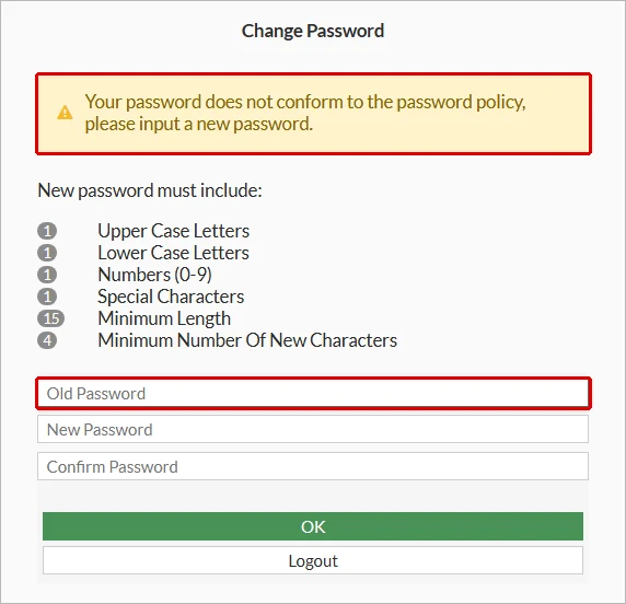 FortiGate Change Password ekranı: Your password does not conform to the password policy uyarısı ve Old Password, New Password alanları kırmızı çerçeveyle işaretli; altında policy'nin altı şartı listeleniyor