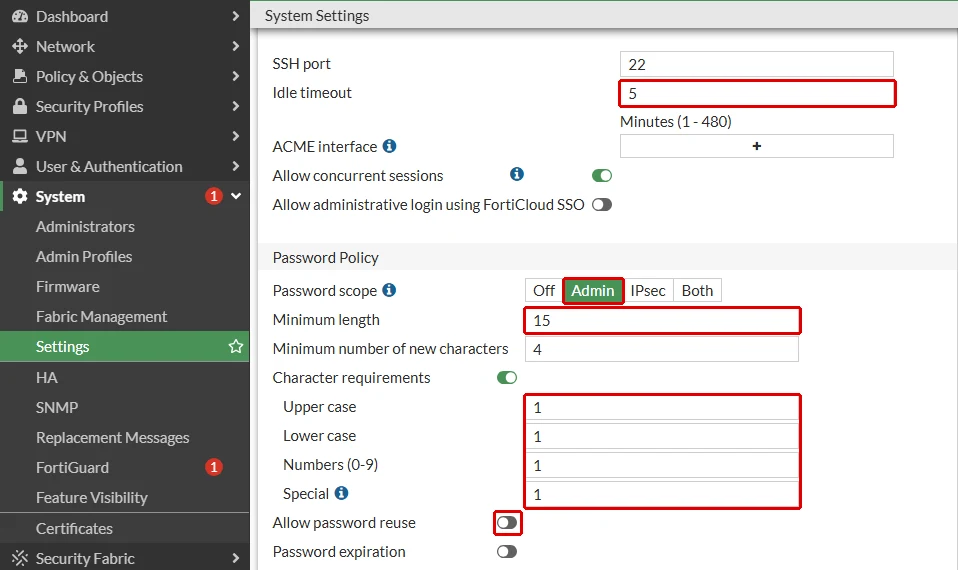 FortiGate System Settings ekranı: Idle timeout 5, Password scope Admin, Minimum length 15, dört karakter şartı 1 ve kapalı Allow password reuse anahtarı kırmızı çerçeveyle işaretli