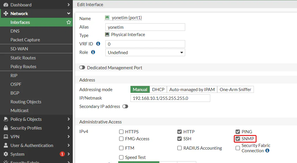 FortiGate Edit Interface ekranında yonetim (port1) arayüzünün Administrative Access listesinde HTTP, PING, SSH ve SNMP işaretli; SNMP kırmızı çerçeveyle işaretli
