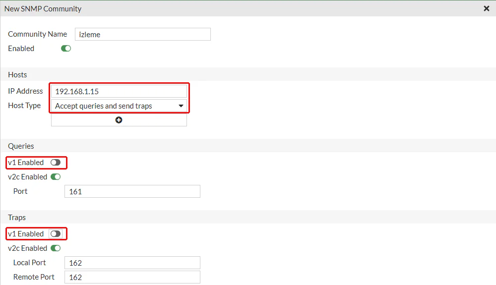 FortiGate New SNMP Community formunda community adı izleme, Hosts altında 192.168.1.15, Queries ve Traps altında v1 Enabled kapalı; adres ve iki v1 anahtarı kırmızı çerçeveyle işaretli