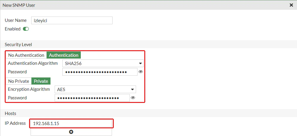 FortiGate New SNMP User formunda kullanıcı izleyici, Security Level olarak Authentication SHA256 ve Private AES, Hosts altında 192.168.1.15; güvenlik seviyesi ve adres kırmızı çerçeveyle işaretli