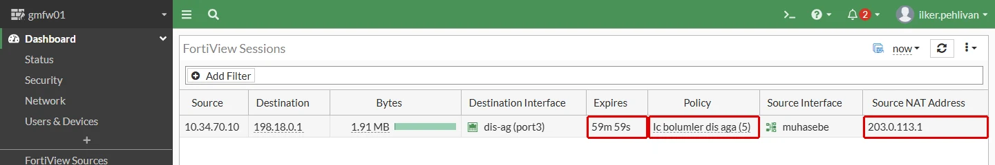 FortiGate FortiView Sessions tablosu: 10.34.70.10'dan 198.18.0.1'e süren indirme; Expires 59m 59s, Policy Ic bolumler dis aga (5) ve Source NAT Address 203.0.113.1 hücreleri kırmızı çerçeveyle işaretli