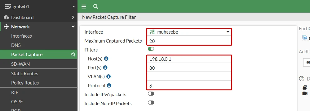 FortiGate New Packet Capture Filter formu: muhasebe arayüzü ve 20 paketlik sınır ile Host 198.18.0.1, Port 80 ve Protocol 6 filtreleri kırmızı çerçeveyle işaretli