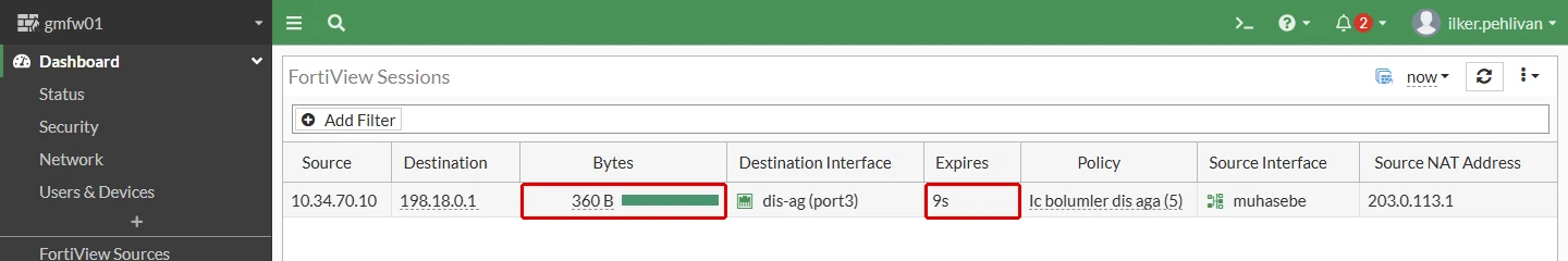 FortiGate FortiView Sessions tablosu: cevap gelmeyen bağlantı; Bytes 360 B ve Expires 9s hücreleri kırmızı çerçeveyle işaretli