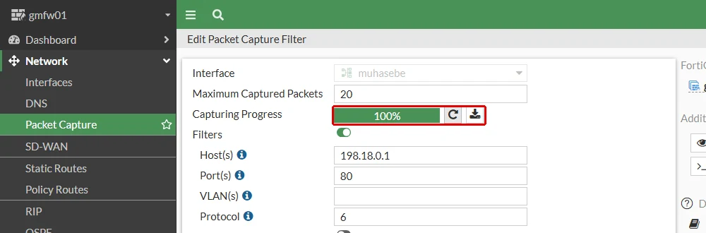 FortiGate Edit Packet Capture Filter ekranında Capturing Progress çubuğu yüzde 100, yanında yeniden başlatma ve indirme düğmeleri kırmızı çerçeveyle işaretli