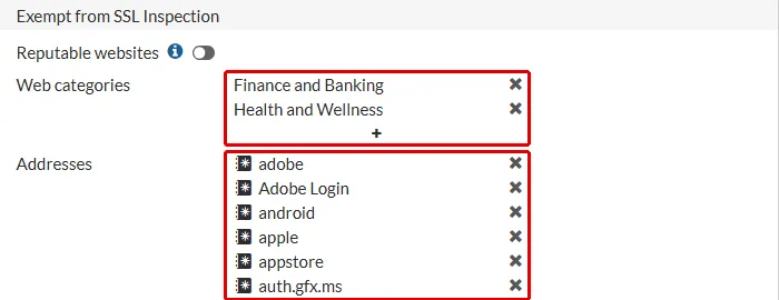 FortiGate deep-inspection profilinin Exempt from SSL Inspection bölümü: Web categories altında Finance and Banking ve Health and Wellness, Addresses altında adobe, Adobe Login, android, apple, appstore ve auth.gfx.ms kırmızı çerçeveyle işaretli