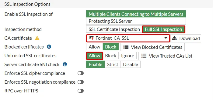 FortiGate Edit SSL/SSH Inspection Profile formu, deep-inspection: Inspection method Full SSL Inspection, CA certificate Fortinet_CA_SSL ve Untrusted SSL certificates Allow kırmızı çerçeveyle işaretli