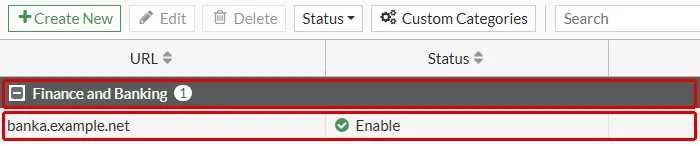 FortiGate Web Rating Overrides ekranı: Finance and Banking grubu altında banka.example.net satırı, Status Enable, kırmızı çerçeveyle işaretli