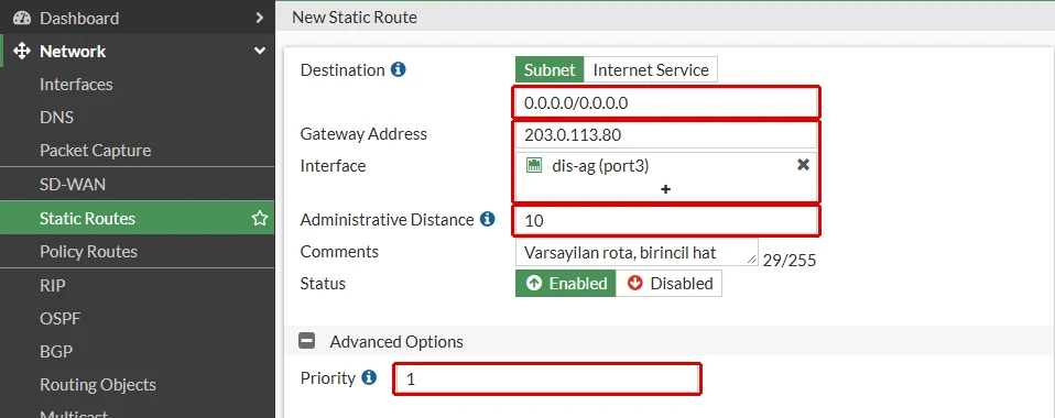 FortiGate yeni statik rota formu: Destination 0.0.0.0/0.0.0.0, Gateway Address 203.0.113.80 ile Interface dis-ag (port3), Administrative Distance 10 ve Advanced Options altında Priority 1 kırmızı çerçeveyle gösterilmiş