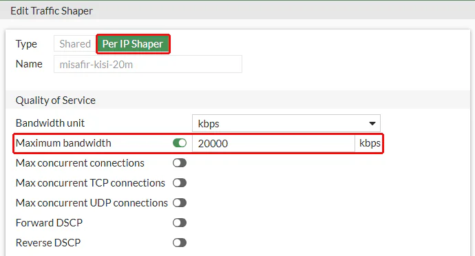 FortiGate Edit Traffic Shaper formu Per IP Shaper türünde: kırmızı çerçeveyle işaretli Type Per IP Shaper ve Maximum bandwidth 20000 kbps, Name misafir-kisi-20m, oturum sınırları ve DSCP kapalı