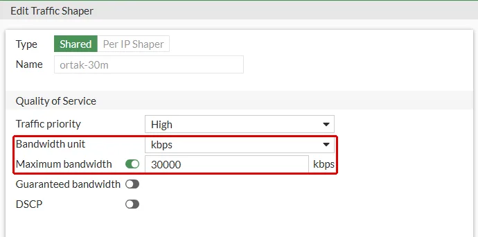 FortiGate Edit Traffic Shaper formu, per-policy kapalıyken: kırmızı çerçeveyle işaretli Bandwidth unit ve Maximum bandwidth satırları art arda, aralarında başka alan yok