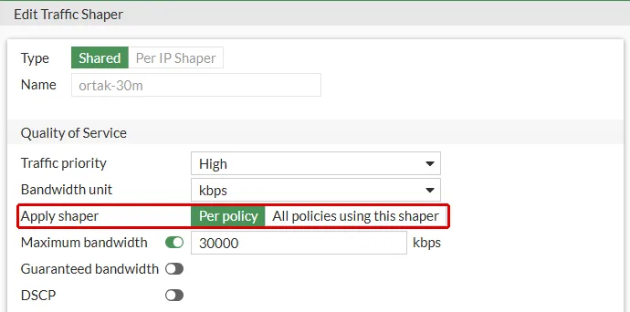 FortiGate Edit Traffic Shaper formu, per-policy açıkken: kırmızı çerçeveyle işaretli Apply shaper satırı, seçenekleri Per policy (seçili) ve All policies using this shaper