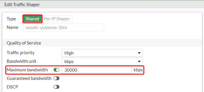 FortiGate Edit Traffic Shaper formu: kırmızı çerçeveyle işaretli Type Shared ve Maximum bandwidth 30000 kbps, Name misafir-yukleme-30m, Traffic priority High, Guaranteed bandwidth kapalı