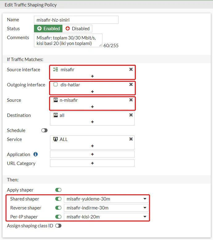 FortiGate Edit Traffic Shaping Policy formu: kırmızı çerçeveyle işaretli Source interface misafir, Outgoing interface dis-hatlar, Source n-misafir ve Shared shaper misafir-yukleme-30m, Reverse shaper misafir-indirme-30m, Per-IP shaper misafir-kisi-20m