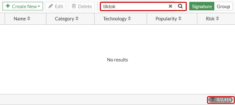 FortiGate Application Signatures ekranı: arama kutusunda tiktok yazıyor, tabloda No results, sağ alttaki sayaç 0/2,414; arama kutusu ve sayaç kırmızı çerçeveyle işaretli