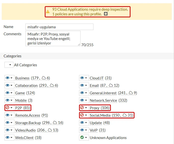 FortiGate Edit Application Sensor formunun üstü: '93 Cloud Applications require deep inspection' uyarısı, misafir-uygulama profili, kategoriler listesinde P2P, Proxy ve Social.Media satırları engelli olarak kırmızı çerçeveyle işaretli, bazı kategorilerin yanında bulut simgesi