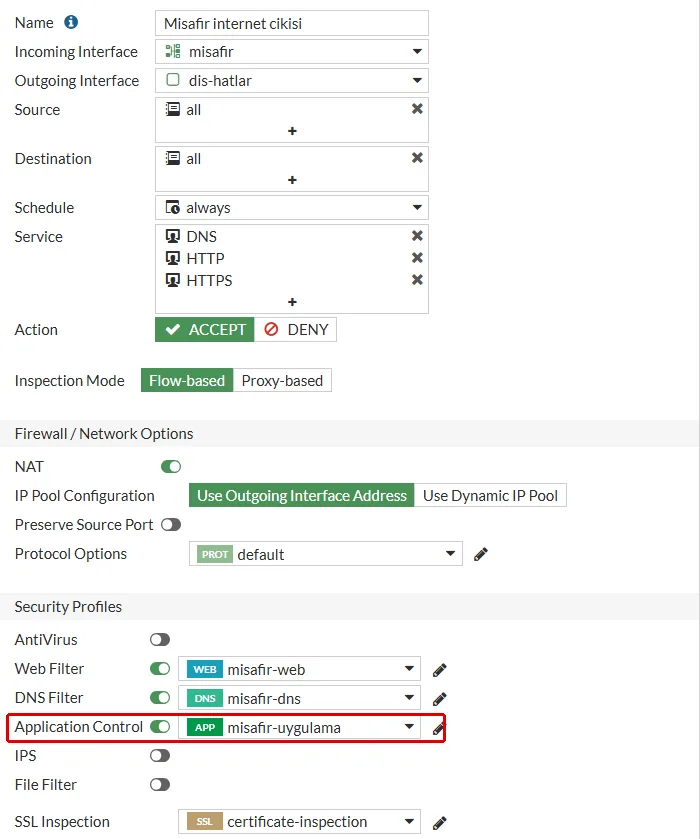 FortiGate Edit Policy formu, Misafir internet cikisi: Security Profiles bölümünde Application Control satırı ve misafir-uygulama profili kırmızı çerçeveyle işaretli