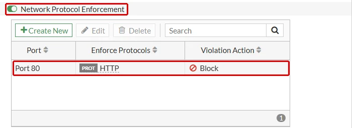 FortiGate dmz-protokol uygulama profili: Network Protocol Enforcement anahtarı açık, tabloda Port 80, Enforce Protocols HTTP, Violation Action Block satırı; anahtar ve satır kırmızı çerçeveyle işaretli