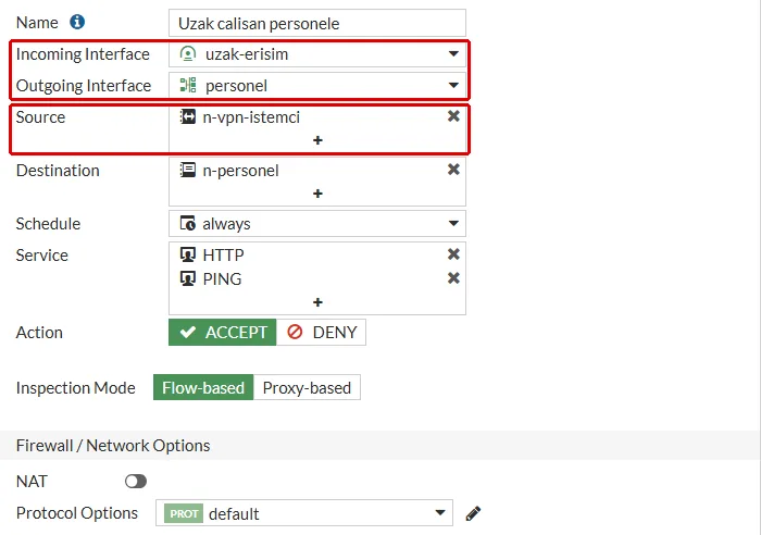 FortiGate Edit Policy formu, Uzak calisan personele: Incoming Interface uzak-erisim, Outgoing Interface personel ve Source n-vpn-istemci kırmızı çerçeveyle işaretli