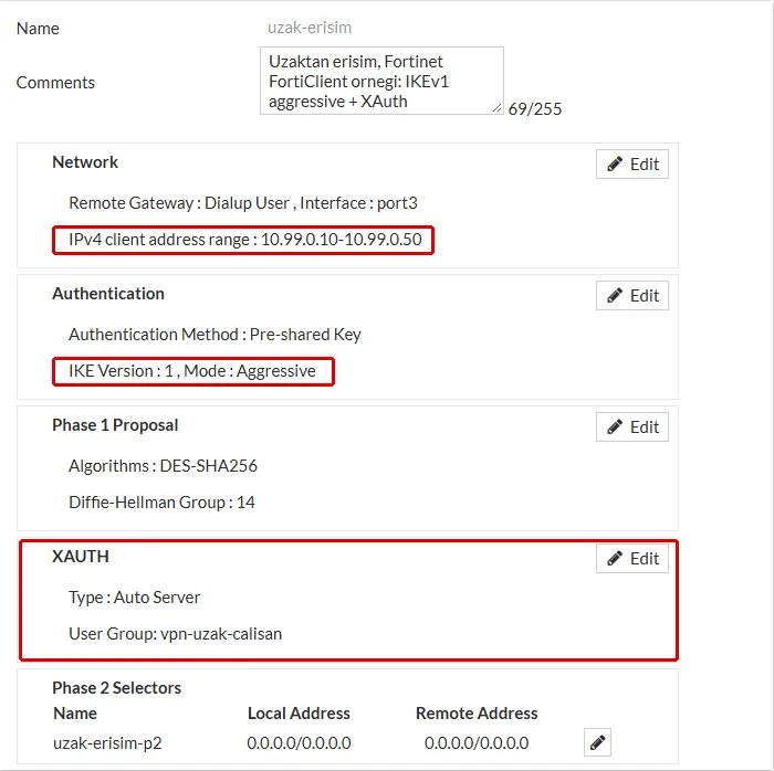 FortiGate Edit VPN Tunnel formu, uzak-erisim: Network bölümünde Dialup User ve IPv4 client address range 10.99.0.10-10.99.0.50, Authentication bölümünde IKE Version 1 Mode Aggressive ve XAUTH bölümünde Auto Server ile vpn-uzak-calisan grubu kırmızı çerçeveyle işaretli