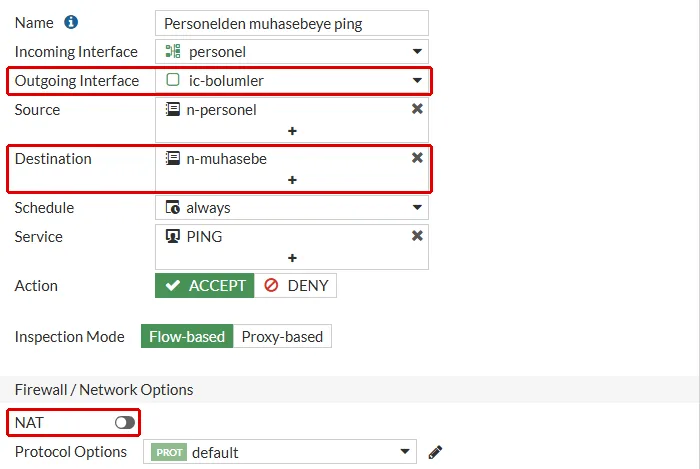 FortiGate New Policy formu, Personelden muhasebeye ping: Outgoing Interface ic-bolumler, Destination n-muhasebe ve kapalı NAT anahtarı kırmızı çerçeveyle işaretli