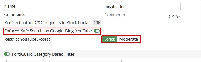 FortiGate Edit DNS Filter Profile formunun üstü: misafir-dns, açık Enforce 'Safe Search' on Google, Bing, YouTube anahtarı ve Restrict YouTube Access Strict seçimi kırmızı çerçeveyle işaretli