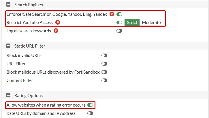 FortiGate proxy kipindeki web filtre profilinin alt kısmı: Search Engines bölümünde P rozetli Enforce 'Safe Search' on Google, Yahoo!, Bing, Yandex ve Restrict YouTube Access Strict satırları ile Rating Options bölümündeki Allow websites when a rating error occurs kırmızı çerçeveyle işaretli