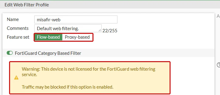 FortiGate Edit Web Filter Profile formunun üstü: misafir-web, Flow-based feature set ve FortiGuard Category Based Filter altındaki 'This device is not licensed for the FortiGuard web filtering service. Traffic may be blocked if this option is enabled.' uyarısı kırmızı çerçeveyle işaretli