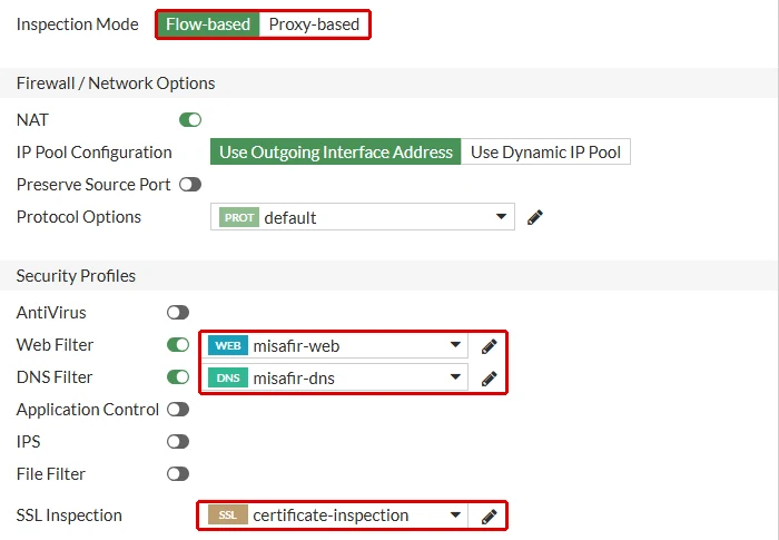 FortiGate Edit Policy formu, Misafir internet cikisi kuralı: Flow-based denetim kipi, Web Filter misafir-web ve DNS Filter misafir-dns profilleri ile certificate-inspection SSL denetimi kırmızı çerçeveyle işaretli