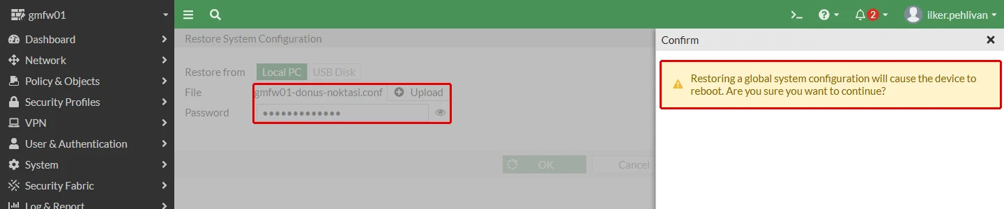 FortiGate Restore System Configuration ekranı: seçilen gmfw01-donus-noktasi.conf dosyası ve parola alanı ile sağdaki Confirm penceresindeki yeniden başlatma uyarısı kırmızı çerçeveyle işaretli