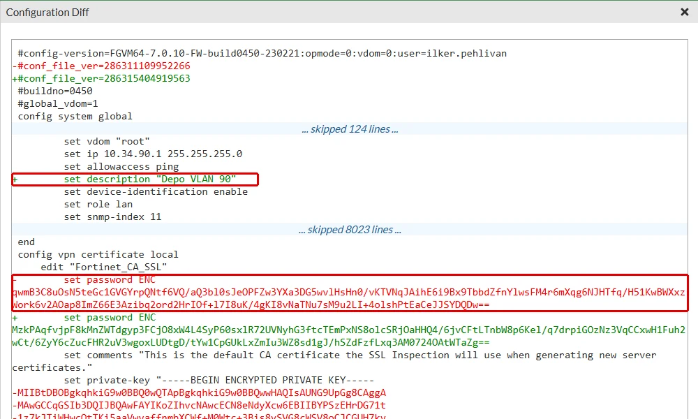 FortiGate Configuration Diff penceresi: eklenen set description Depo VLAN 90 satırı ile silinip yeniden eklenen set password ENC bloğu kırmızı çerçeveyle işaretli; altında yeniden şifrelenmiş özel anahtar satırları