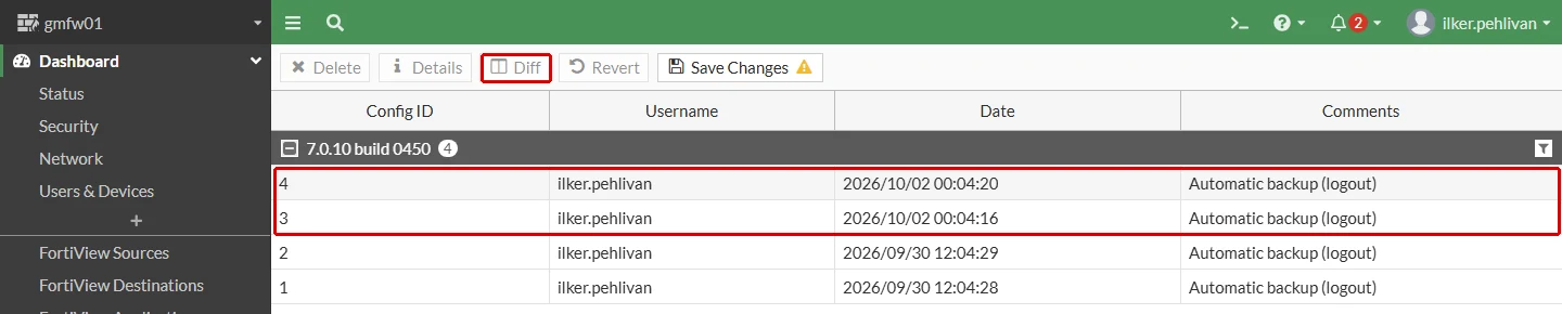 FortiGate Revisions ekranı: dört sürüm, kullanıcı ilker.pehlivan, açıklama Automatic backup (logout); üstteki Diff düğmesi ile 3 ve 4 numaralı sürümler kırmızı çerçeveyle işaretli