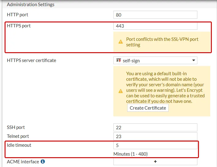 FortiGate System Settings ekranında Administration Settings: HTTPS port 443 alanı ve altındaki 'Port conflicts with the SSL-VPN port setting' uyarısı ile Idle timeout alanı kırmızı çerçeveyle işaretli