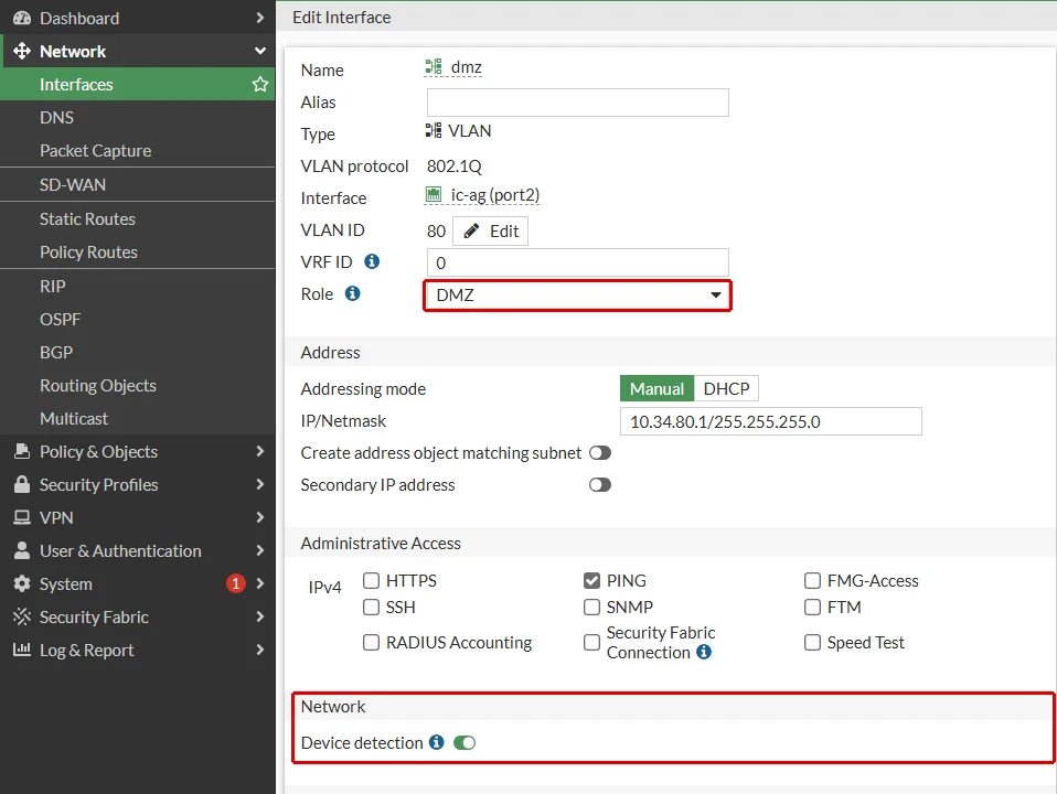 FortiGate dmz arayüzünün düzenleme formu: Role DMZ ve yalnız Device detection içeren Network bölümü kırmızı çerçeveyle gösterilmiş; formda DHCP Server, Security mode ve Auto-managed by IPAM yok