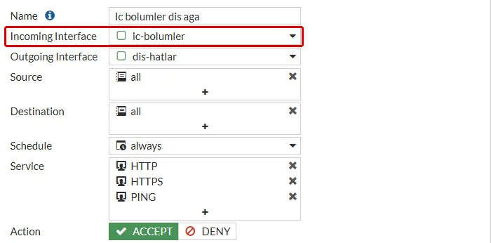 FortiGate Edit Policy formu, Ic bolumler dis aga: Incoming Interface alanında ic-bolumler zone'u kırmızı çerçeveyle işaretli
