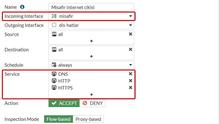 FortiGate Edit Policy formu, Misafir internet cikisi: Incoming Interface misafir ve Service alanında DNS, HTTP, HTTPS kırmızı çerçeveyle işaretli