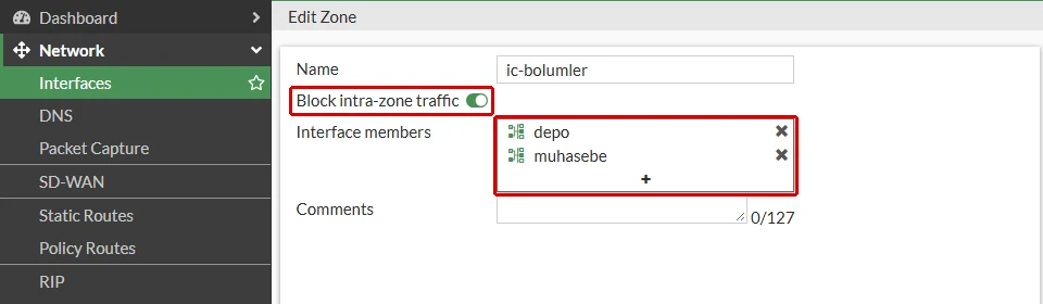 FortiGate zone düzenleme formu: Name ic-bolumler, açık Block intra-zone traffic anahtarı ve Interface members listesinde depo ile muhasebe kırmızı çerçeveyle gösterilmiş