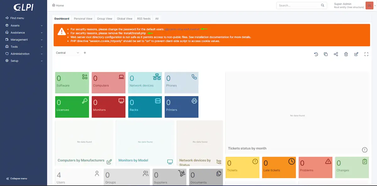 GLPI ana ekran güvenlik uyarıları: install.php ve varsayılan şifre bildirimleri
