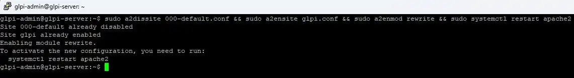 Sistem Kuşu GLPI rehberi; Apache üzerinde varsayılan sitenin kapatılması, glpi.conf dosyasının aktif edilmesi, mod_rewrite modülünün açılması ve servisin yeniden başlatılması komut zinciri.