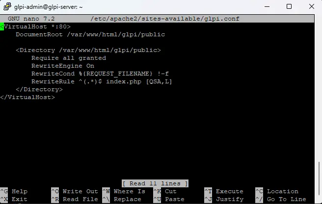 Sistem Kuşu GLPI rehberi; Ubuntu nano editörü ile /etc/apache2/sites-available/glpi.conf dosyasının oluşturulması ve VirtualHost DocumentRoot ayarlarının yapılması.