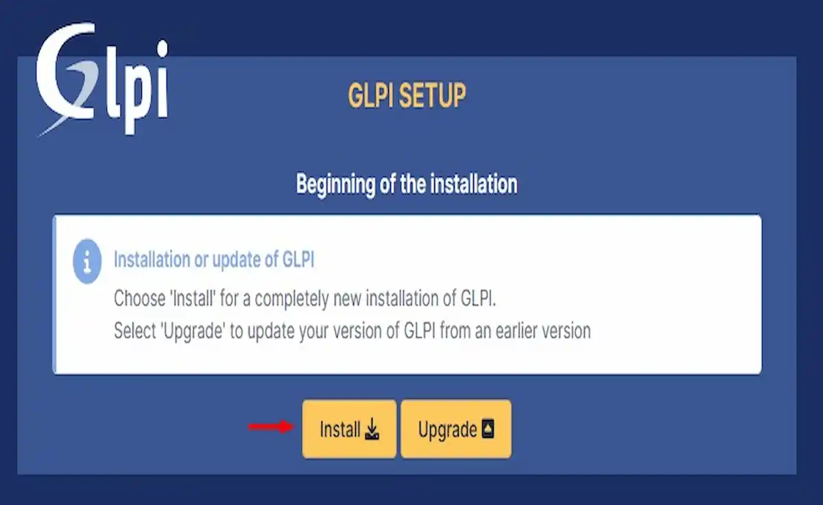 Sistem Kuşu GLPI rehberi; Kurulum sihirbazında yeni kurulum (Install) ve mevcut sürümü yükseltme (Update) seçeneklerinin yer aldığı seçim ekranı.