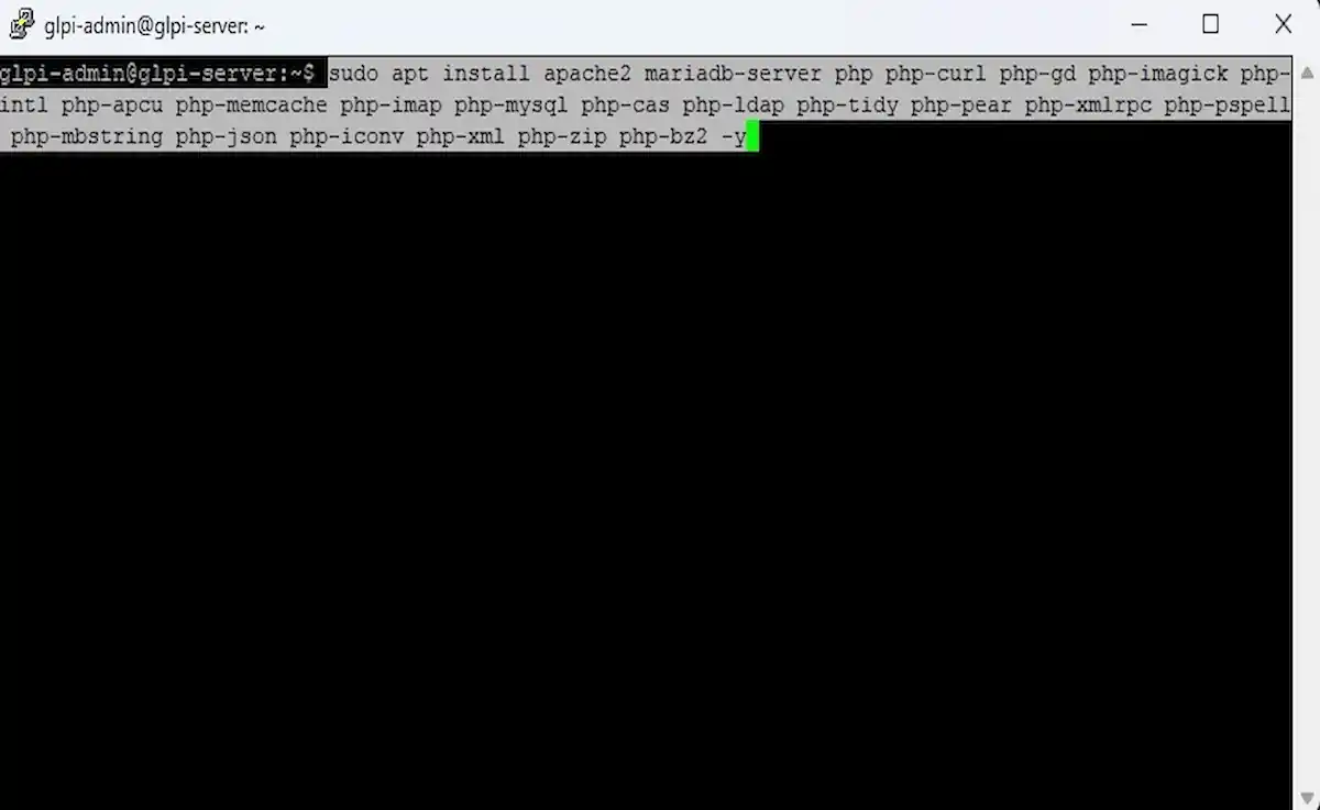 Sistem Kuşu GLPI yapılandırma rehberi; Ubuntu terminali üzerinde Apache2, MariaDB ve tüm gerekli PHP eklentilerinin (ldap, imap, apcu vb.) toplu kurulum komutu.
