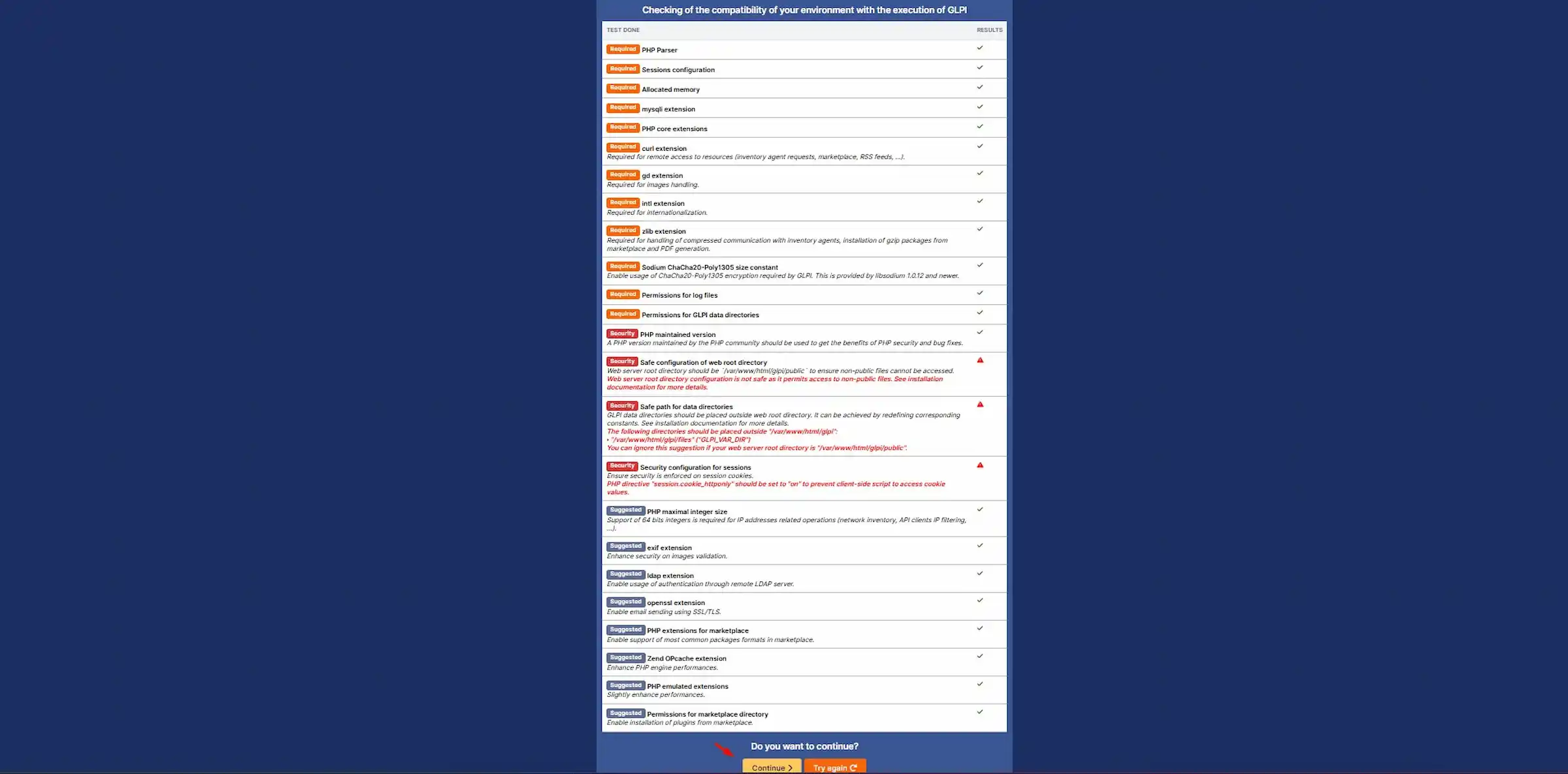 Sistem Kuşu GLPI rehberi; sistem gereksinimleri kontrol listesi ekranı. Zorunlu PHP eklentilerinin onaylandığı ve dizin güvenliği ile ilgili uyarıların yer aldığı tablo.