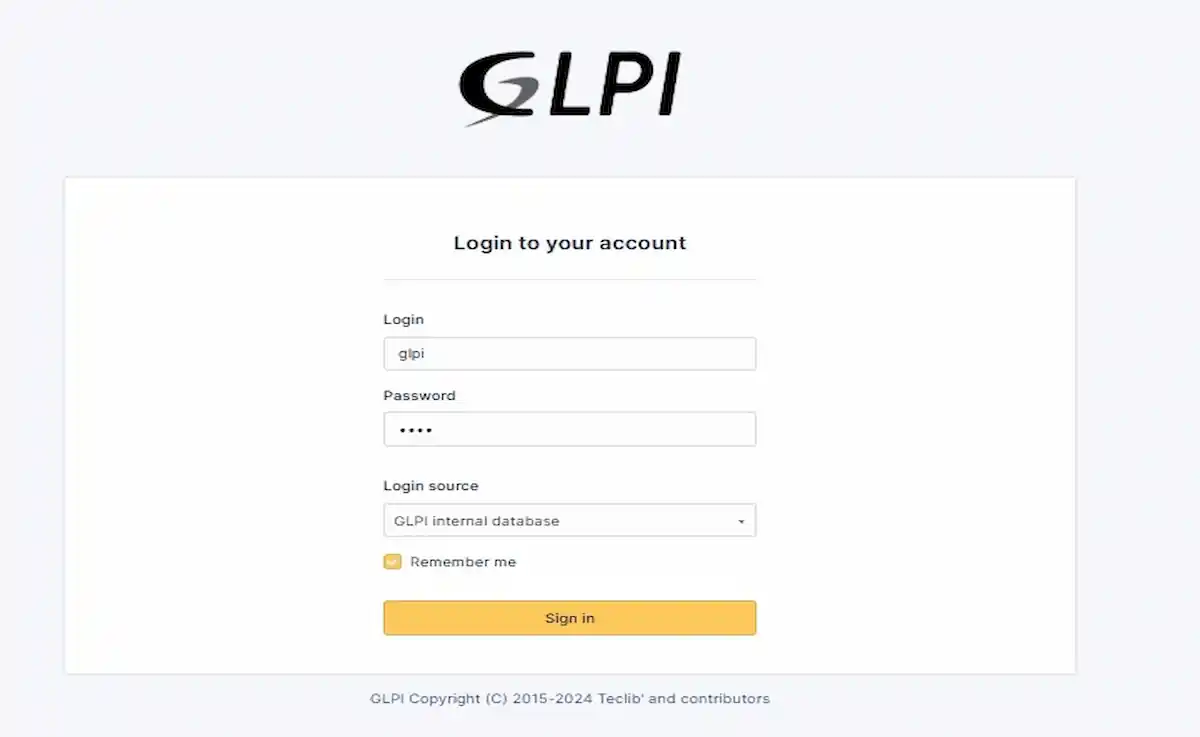 Sistem Kuşu GLPI rehberi; kurulum sonrası ilk giriş ekranı, kullanıcı adı ve şifre giriş alanlarının yer aldığı modern GLPI 10 arayüzü.
