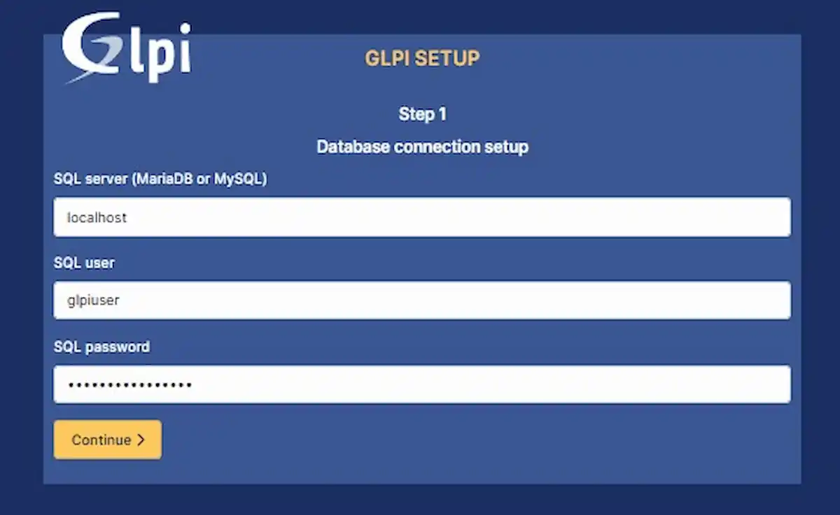 Sistem Kuşu GLPI yapılandırma rehberi; veritabanı bağlantı ekranı (Step 1), SQL sunucusu, kullanıcı adı ve şifre giriş alanları.