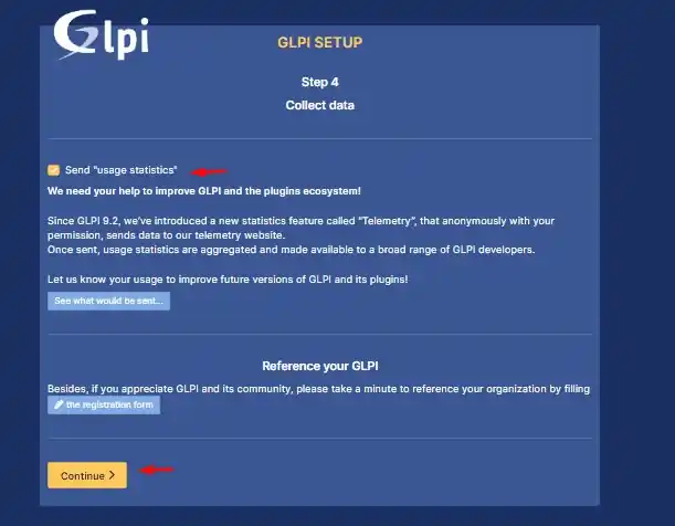 Sistem Kuşu GLPI rehberi; Veritabanı kurulumunun tamamlandığını belirten 521 tablo oluşturuldu mesajı ve kullanım istatistikleri (telemetri) paylaşım seçenekleri.