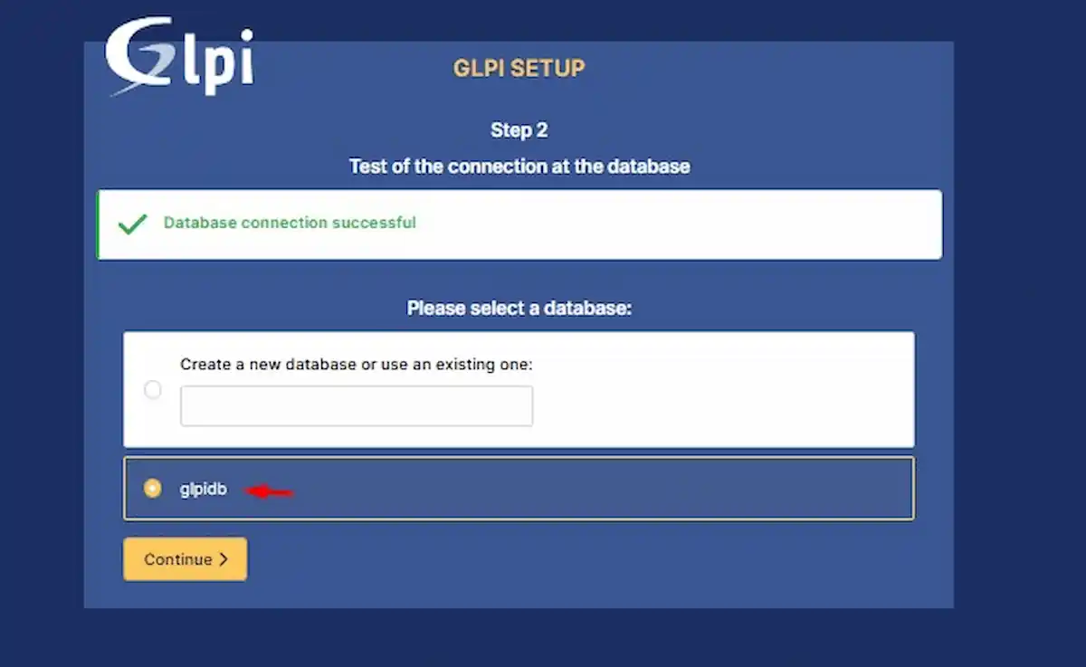 Sistem Kuşu GLPI rehberi; Step 2 - Veritabanı seçimi ekranı. Mevcut veritabanlarının listelenmesi ve kurulum yapılacak olan DB'nin seçilmesi.